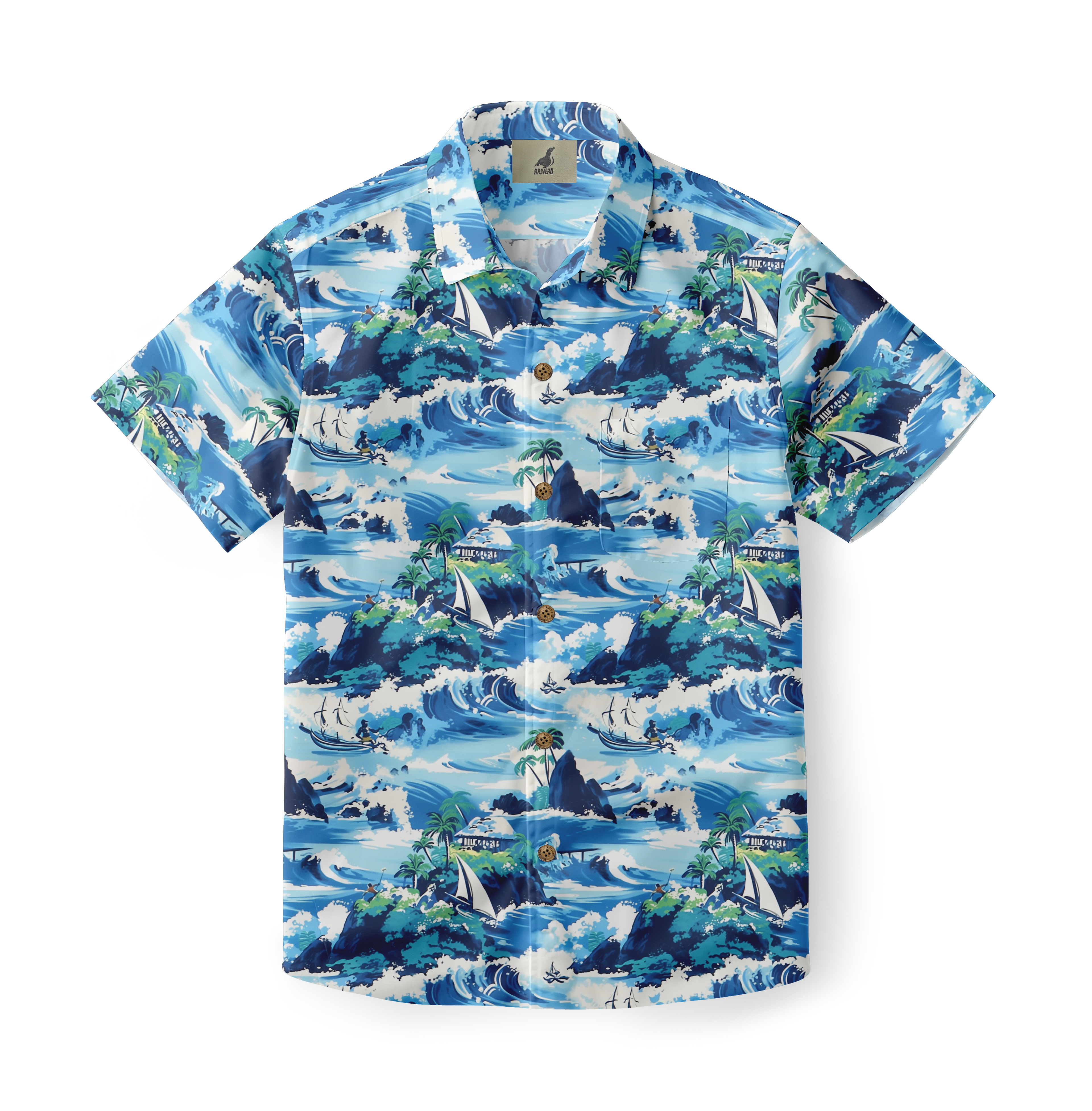 Blue Hawaiian shirt with ocean, sailboats, and palm trees print.