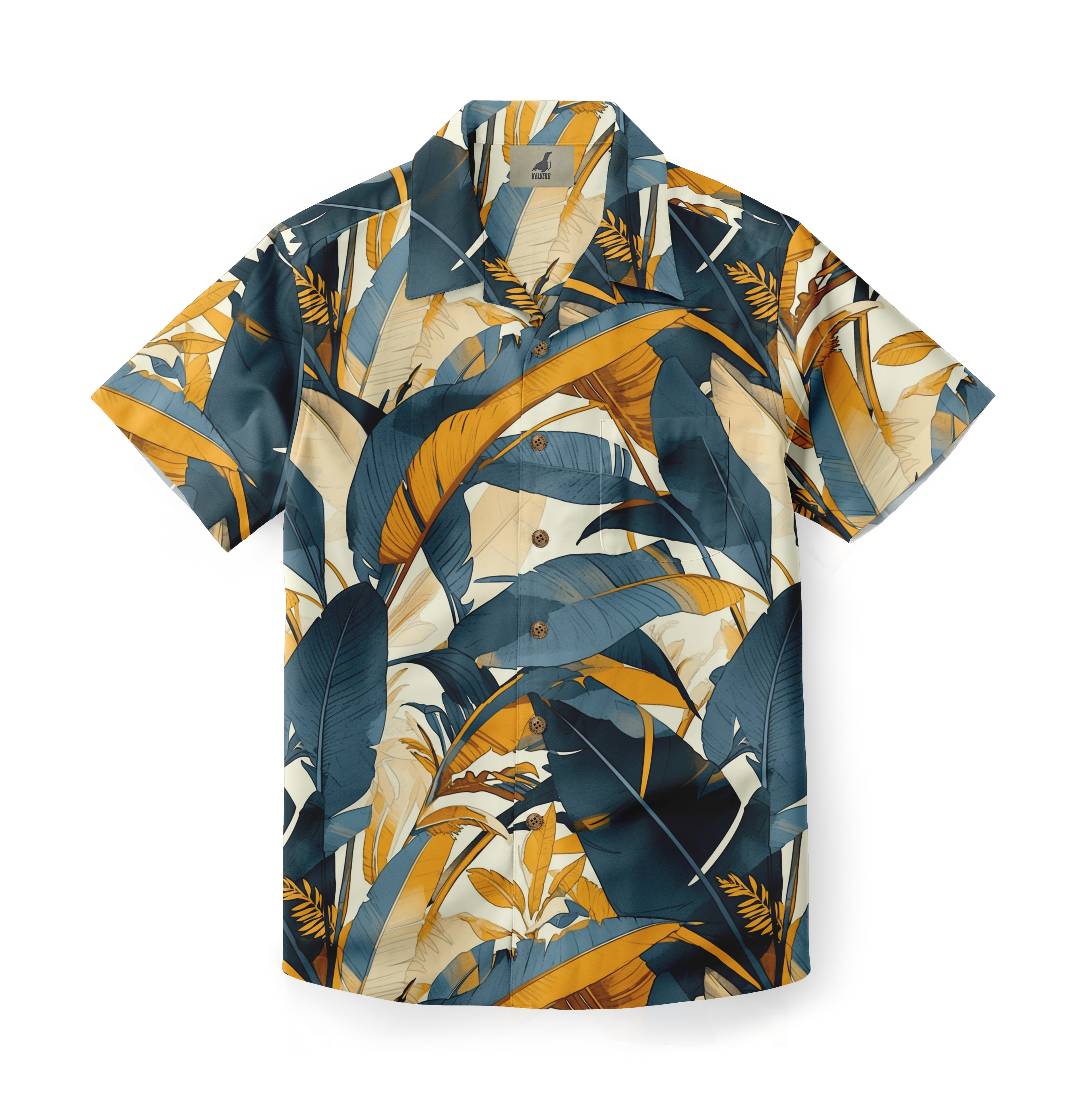 Tropical leaf-patterned short-sleeve shirt in navy, mustard.