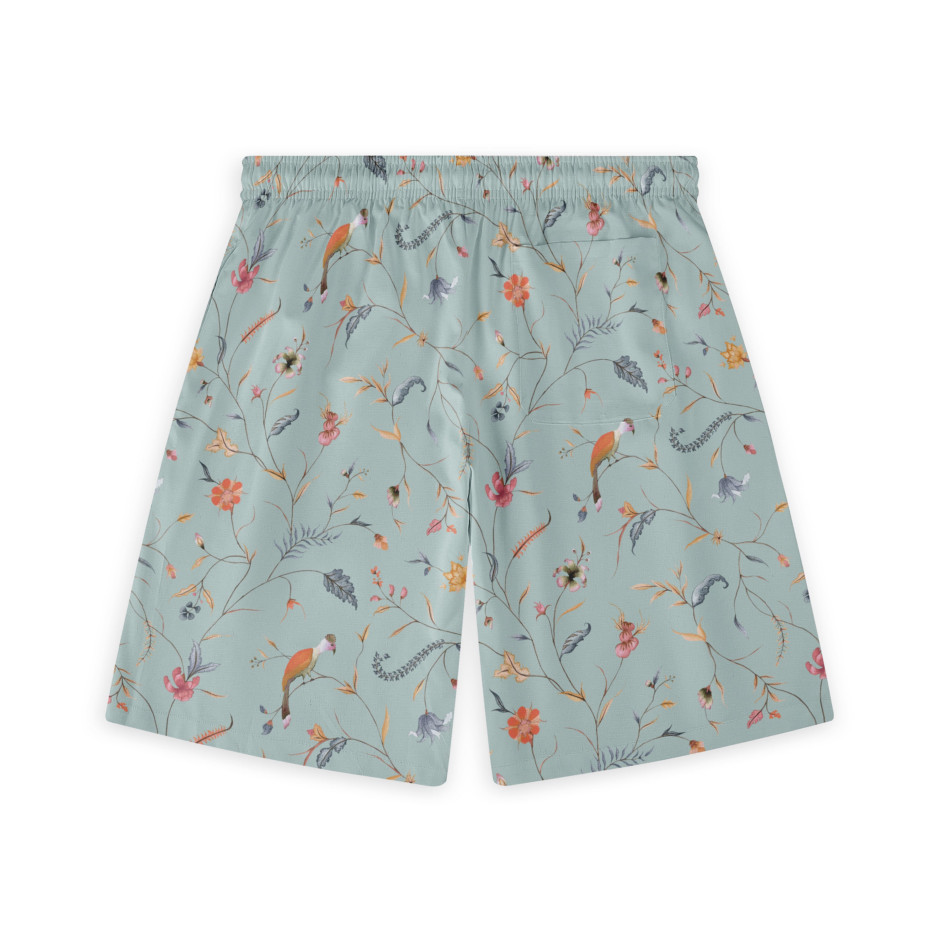 Light blue shorts with floral and bird pattern, elastic waistband.