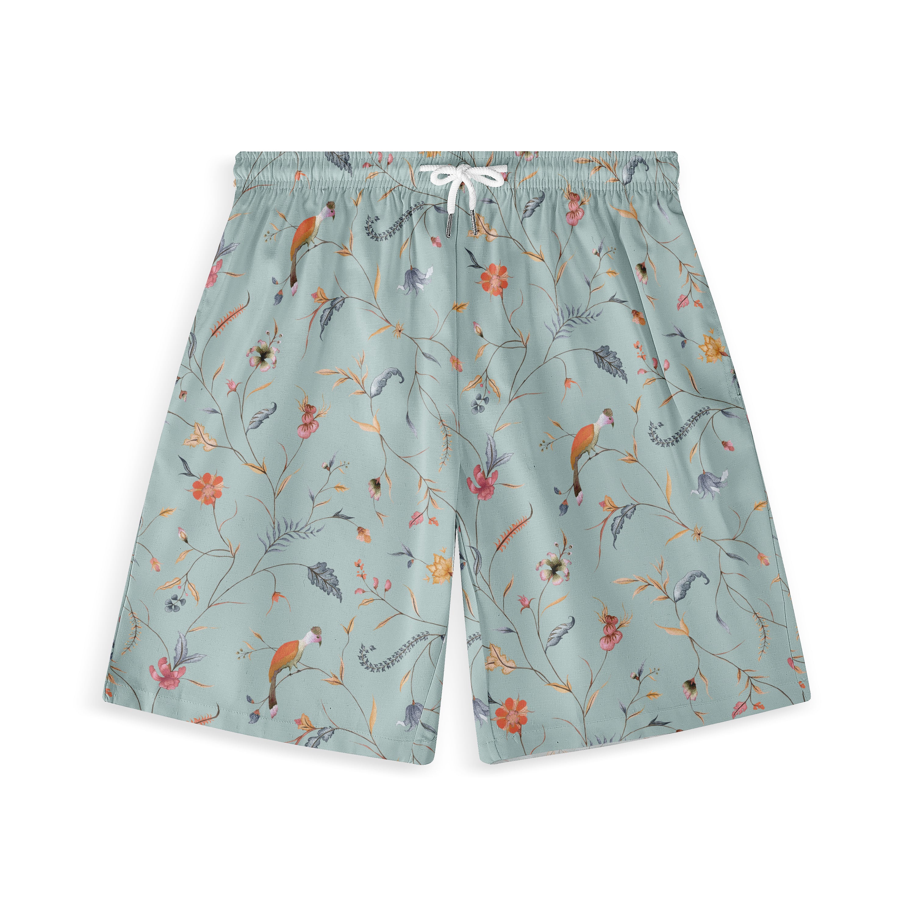 Light blue shorts with floral and bird pattern, featuring.