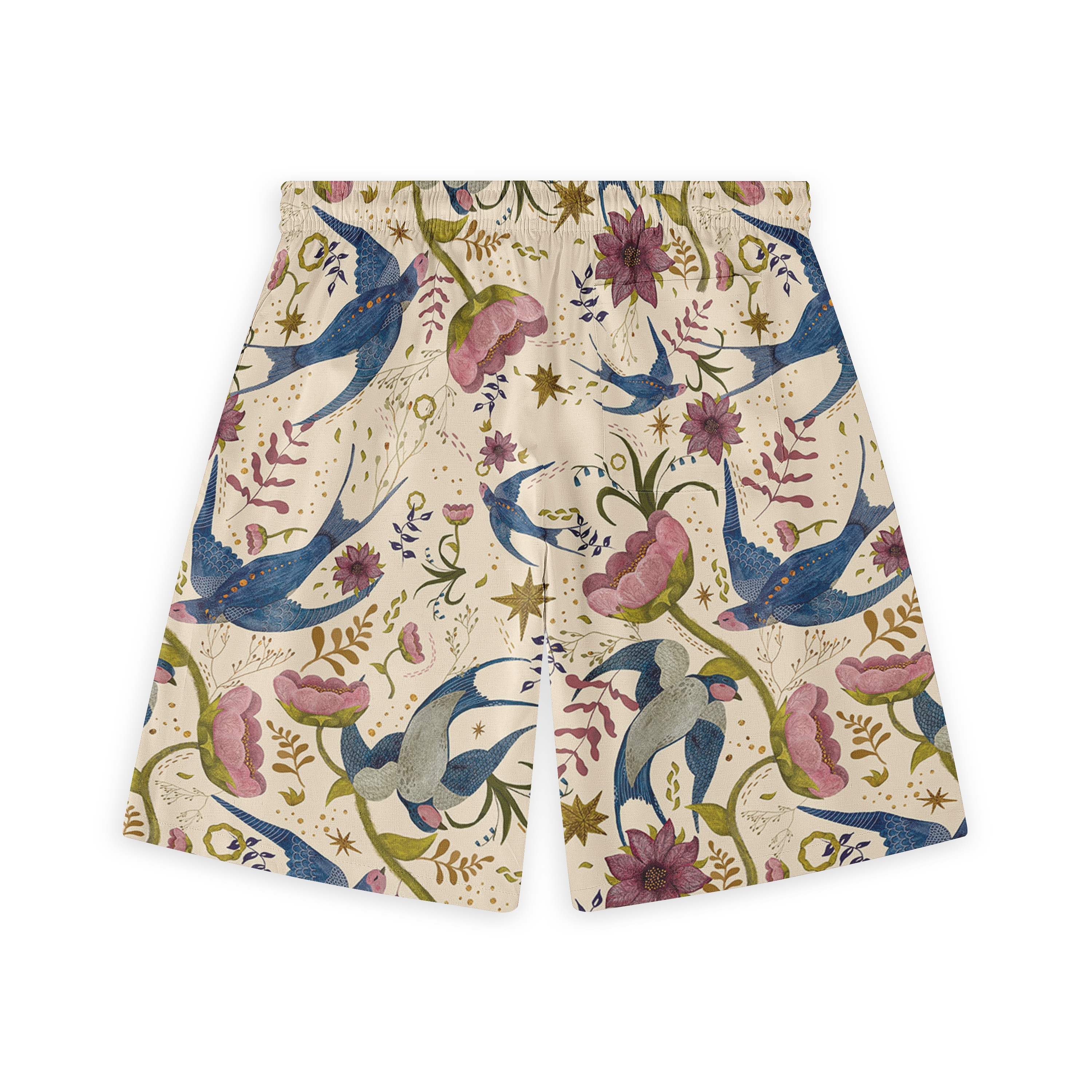 Floral and bird-patterned shorts with blue birds, pink flowers.