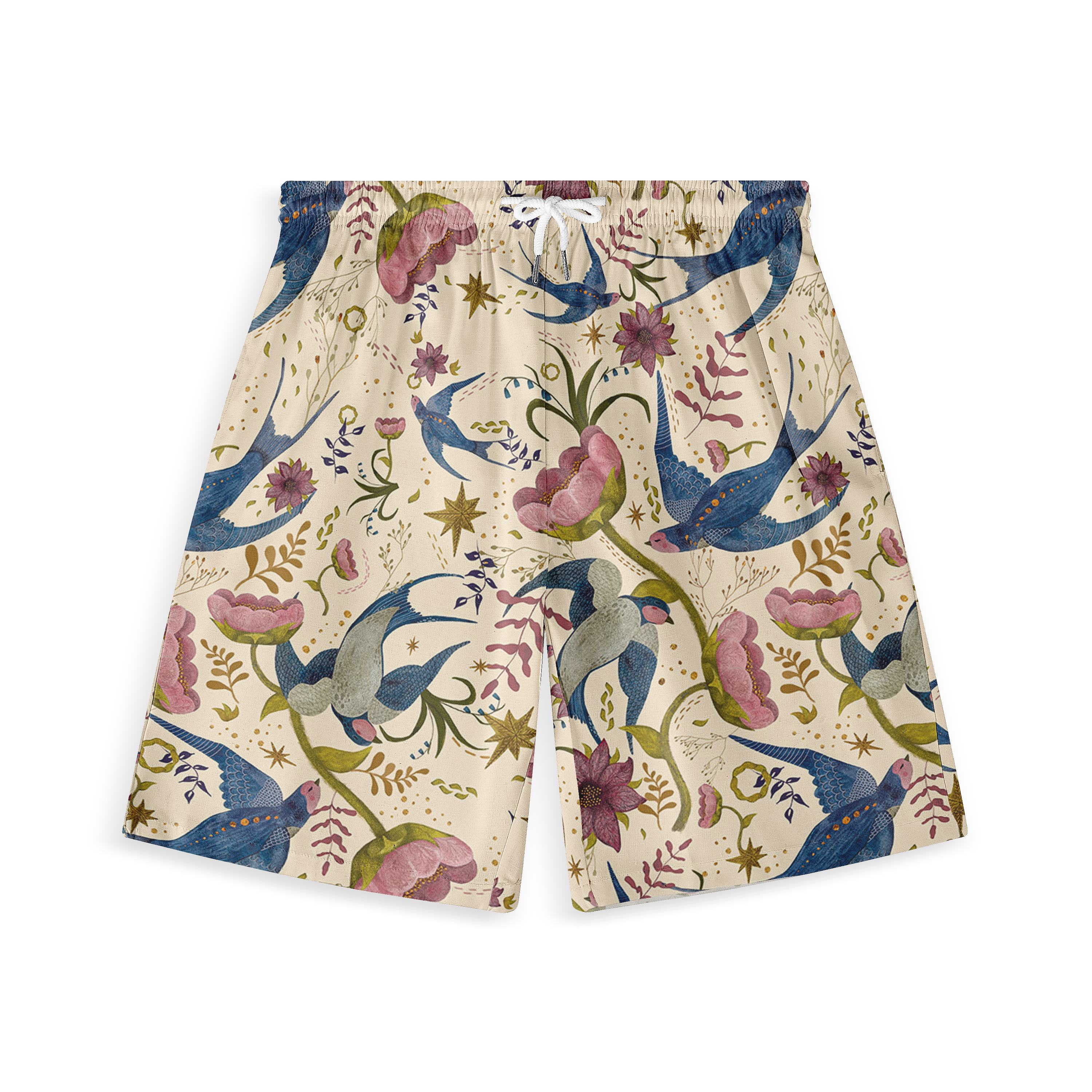 Floral and bird-patterned shorts with blue birds, pink flowers.