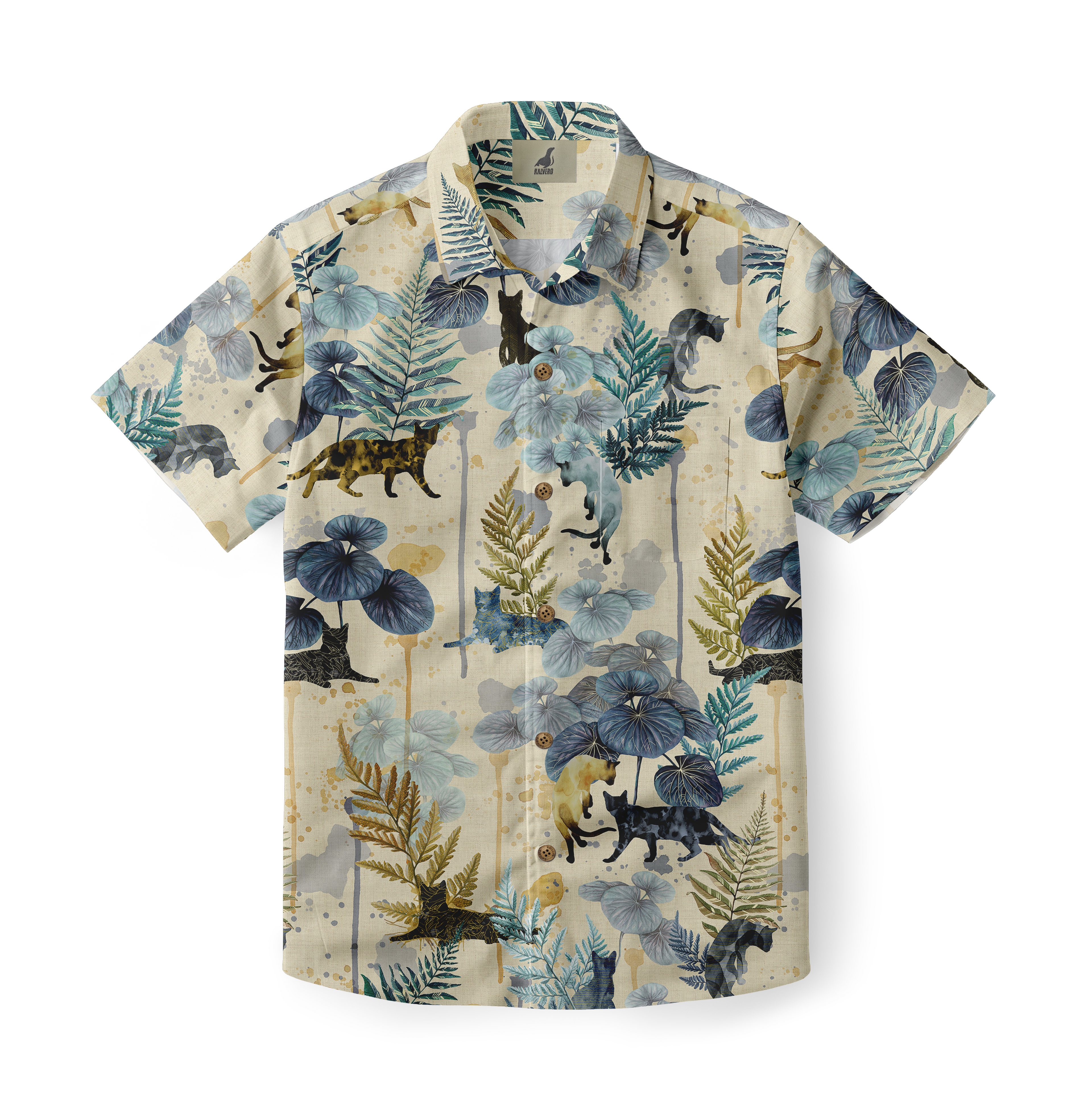 Beige short-sleeve shirt with tropical print featuring cats, leaves.