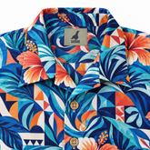 KALVERO Azure Hibiscus Mosaic Long Sleeve Shirt: collar and centered neck label.
