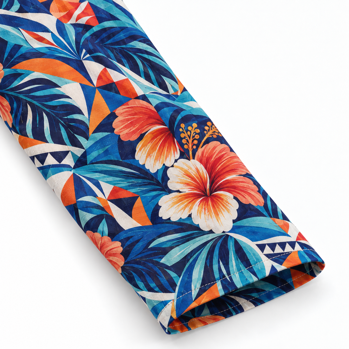 KALVERO Azure Hibiscus Mosaic Long Sleeve Shirt: long sleeve hem and neat stitching.