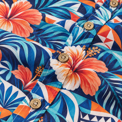 KALVERO Azure Hibiscus Mosaic Long Sleeve Shirt: placket with tan four-hole Kalvero-engraved buttons.