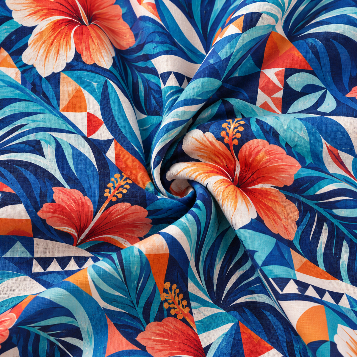 KALVERO Azure Hibiscus Mosaic Long Sleeve Shirt: fabric detail showing coral-orange and ivory hibiscus flowers, turquoise and pale-aqua palm leaves, and orange/cream geometric triangles and pinwheels over deep navy and azure blue.