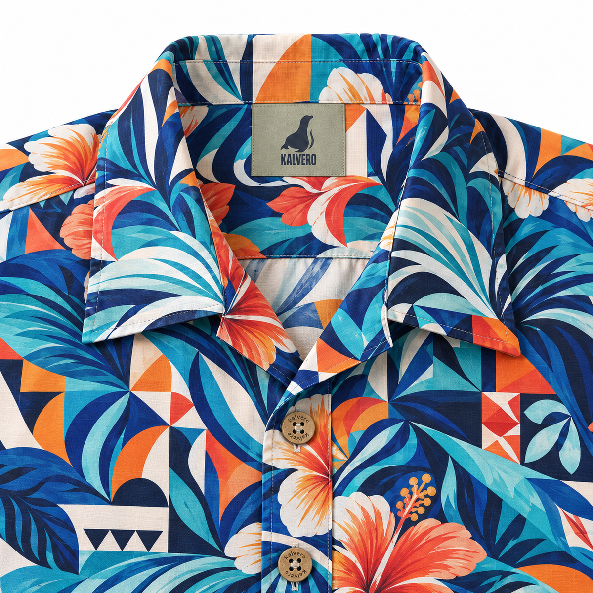 KALVERO Azure Hibiscus Mosaic Hawaiian Shirt: collar and centered neck label.