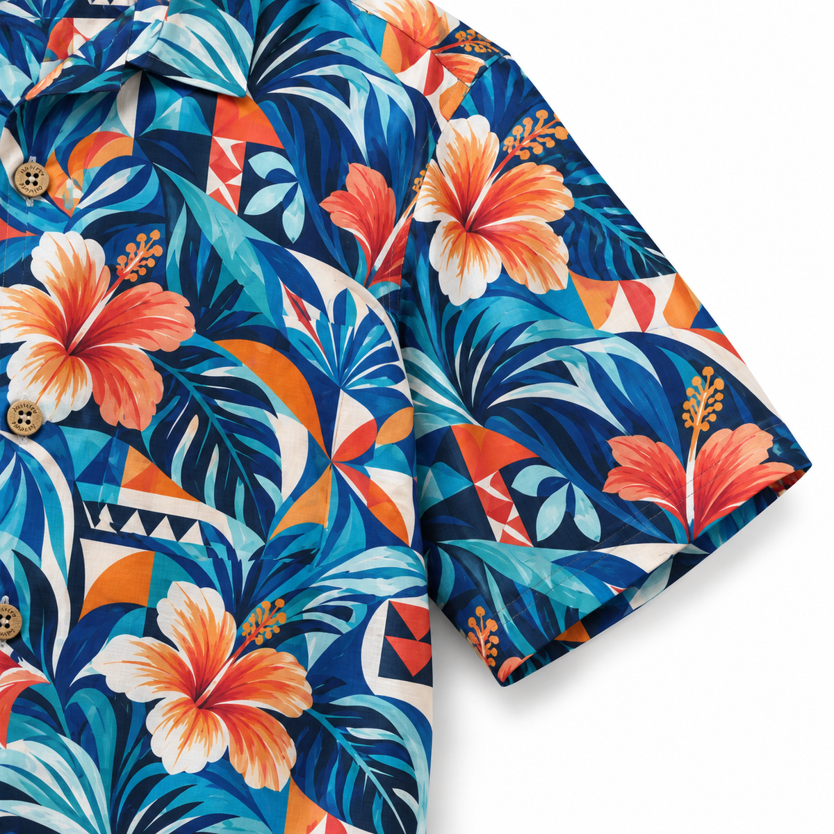 KALVERO Azure Hibiscus Mosaic Hawaiian Shirt: short sleeve hem and neat stitching.