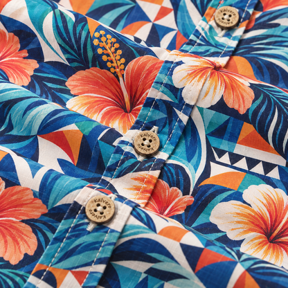 KALVERO Azure Hibiscus Mosaic Hawaiian Shirt: placket with tan four-hole Kalvero-engraved buttons.