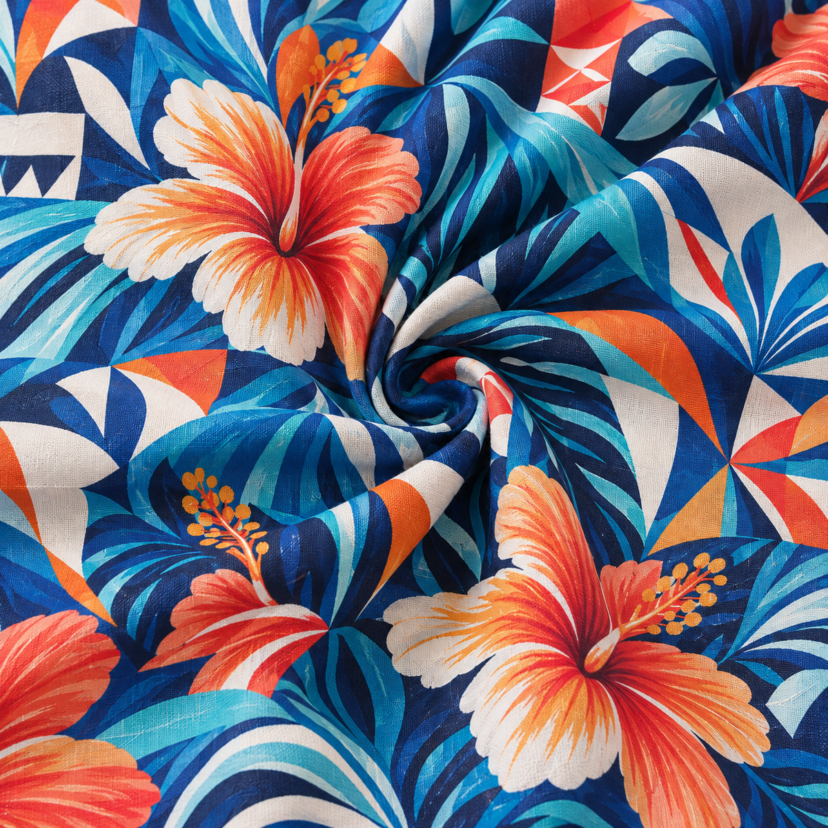 KALVERO Azure Hibiscus Mosaic Hawaiian Shirt: fabric detail showing coral-orange and ivory hibiscus flowers, turquoise and pale-aqua palm leaves, and orange/cream geometric triangles and pinwheels over deep navy and azure blue.