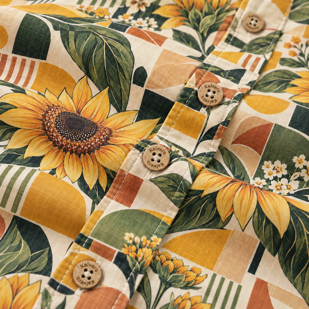 KALVERO Golden Sunflower Mosaic Long Sleeve Shirt: placket with tan four-hole Kalvero-engraved buttons.