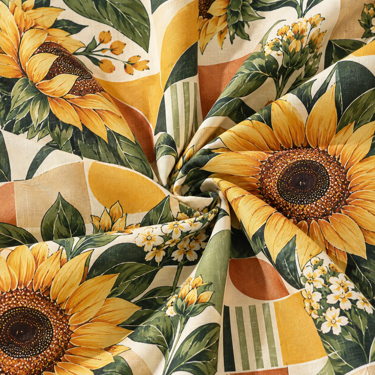 KALVERO Golden Sunflower Mosaic Long Sleeve Shirt: fabric detail showing large golden sunflowers with dark brown centers, olive and forest-green foliage, little ivory blossoms and mustard, tan, cream and green geometric blocks.