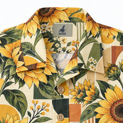 KALVERO Golden Sunflower Mosaic Hawaiian Shirt: collar and centered neck label.