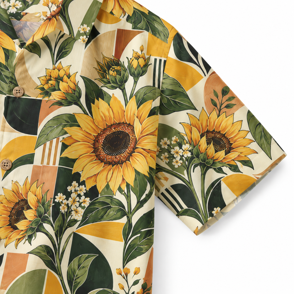 KALVERO Golden Sunflower Mosaic Hawaiian Shirt: short sleeve hem and neat stitching.