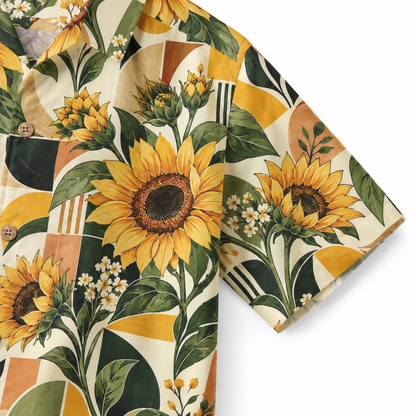 KALVERO Golden Sunflower Mosaic Hawaiian Shirt: short sleeve hem and neat stitching.