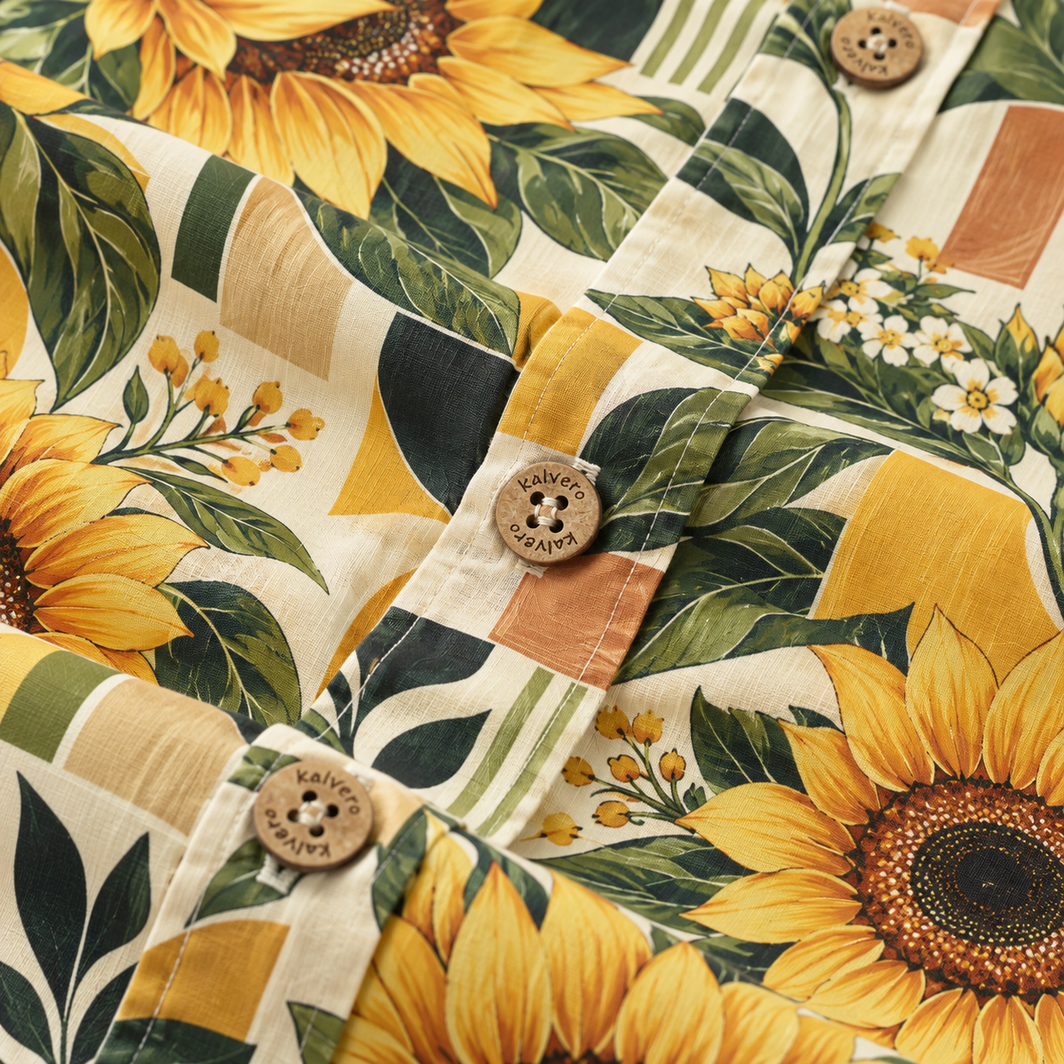 KALVERO Golden Sunflower Mosaic Hawaiian Shirt: placket with tan four-hole Kalvero-engraved buttons.