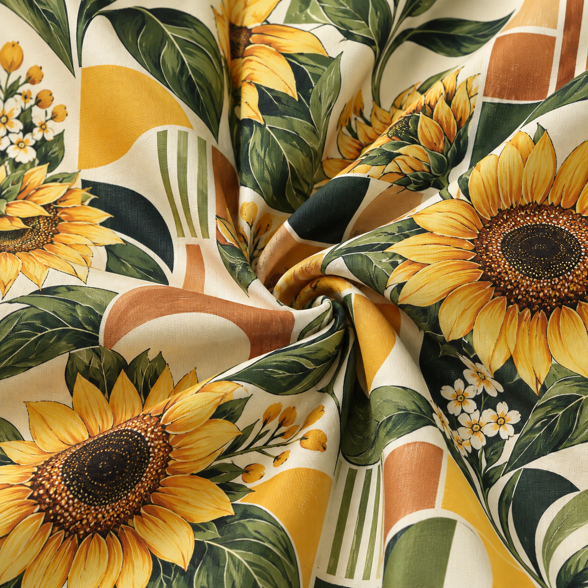 KALVERO Golden Sunflower Mosaic Hawaiian Shirt: fabric detail showing large golden sunflowers with dark brown centers, olive and forest-green foliage, little ivory blossoms and mustard, tan, cream and green geometric blocks.