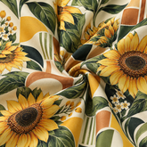 KALVERO Golden Sunflower Mosaic Hawaiian Shirt: fabric detail showing large golden sunflowers with dark brown centers, olive and forest-green foliage, little ivory blossoms and mustard, tan, cream and green geometric blocks.