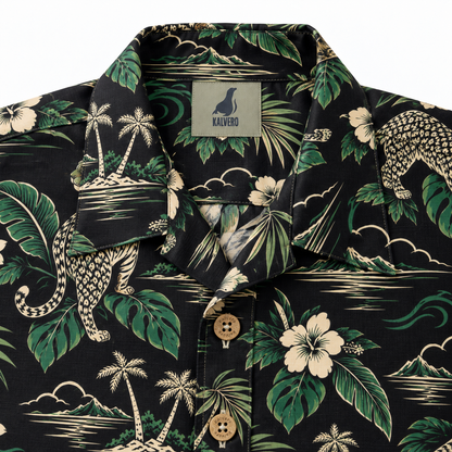 KALVERO Jungle Cat Island Long Sleeve Shirt: collar and centered neck label.