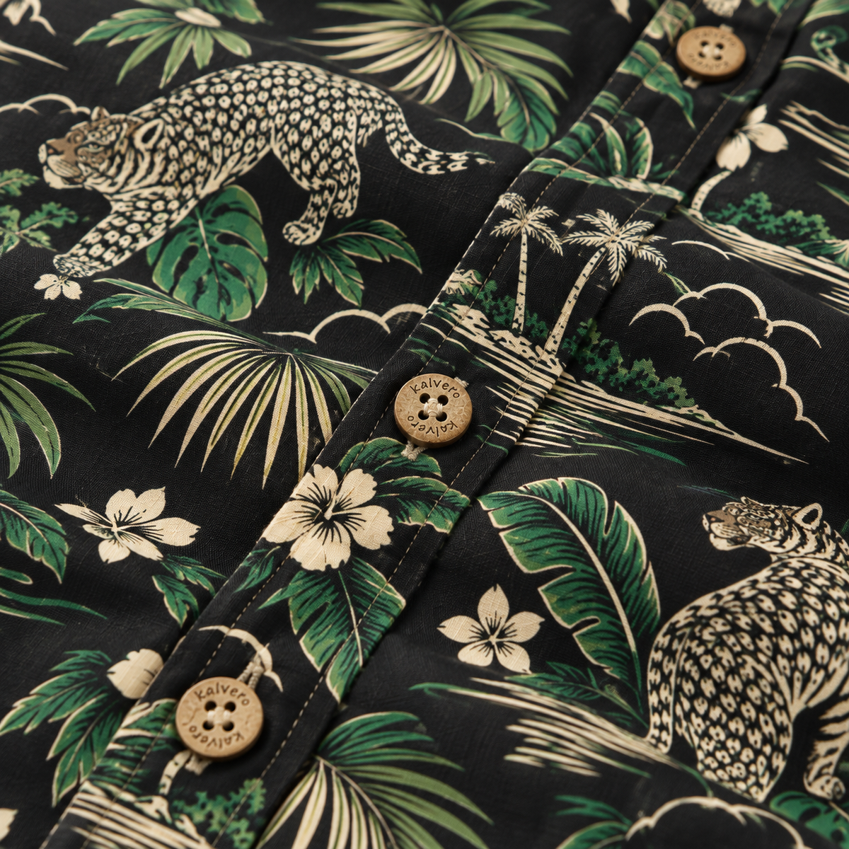KALVERO Jungle Cat Island Long Sleeve Shirt: placket with tan four-hole Kalvero-engraved buttons.