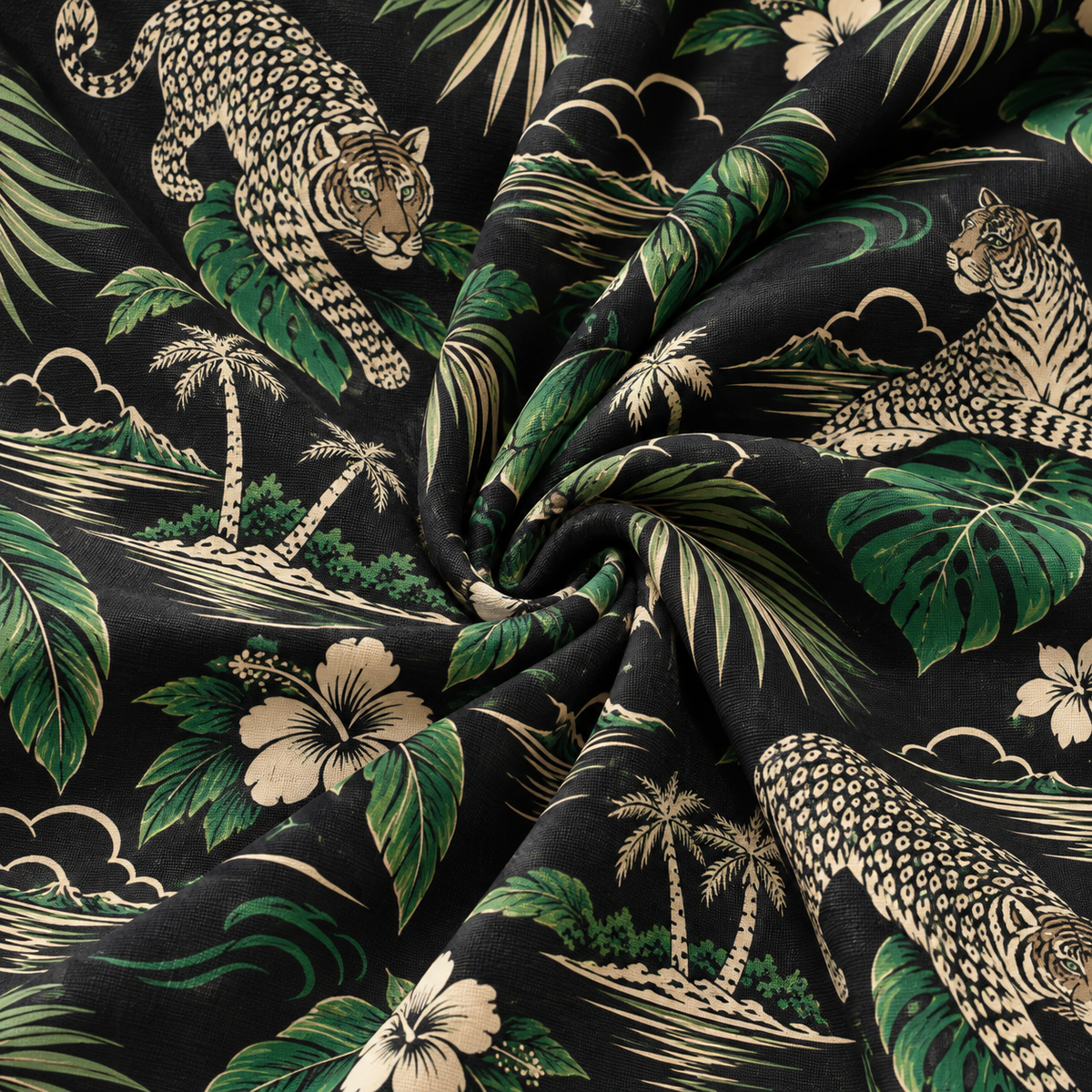KALVERO Jungle Cat Island Long Sleeve Shirt: fabric detail showing cream spotted jungle cats, emerald and olive palm leaves, ivory hibiscus, and fine tropical island and cloud outlines on black.