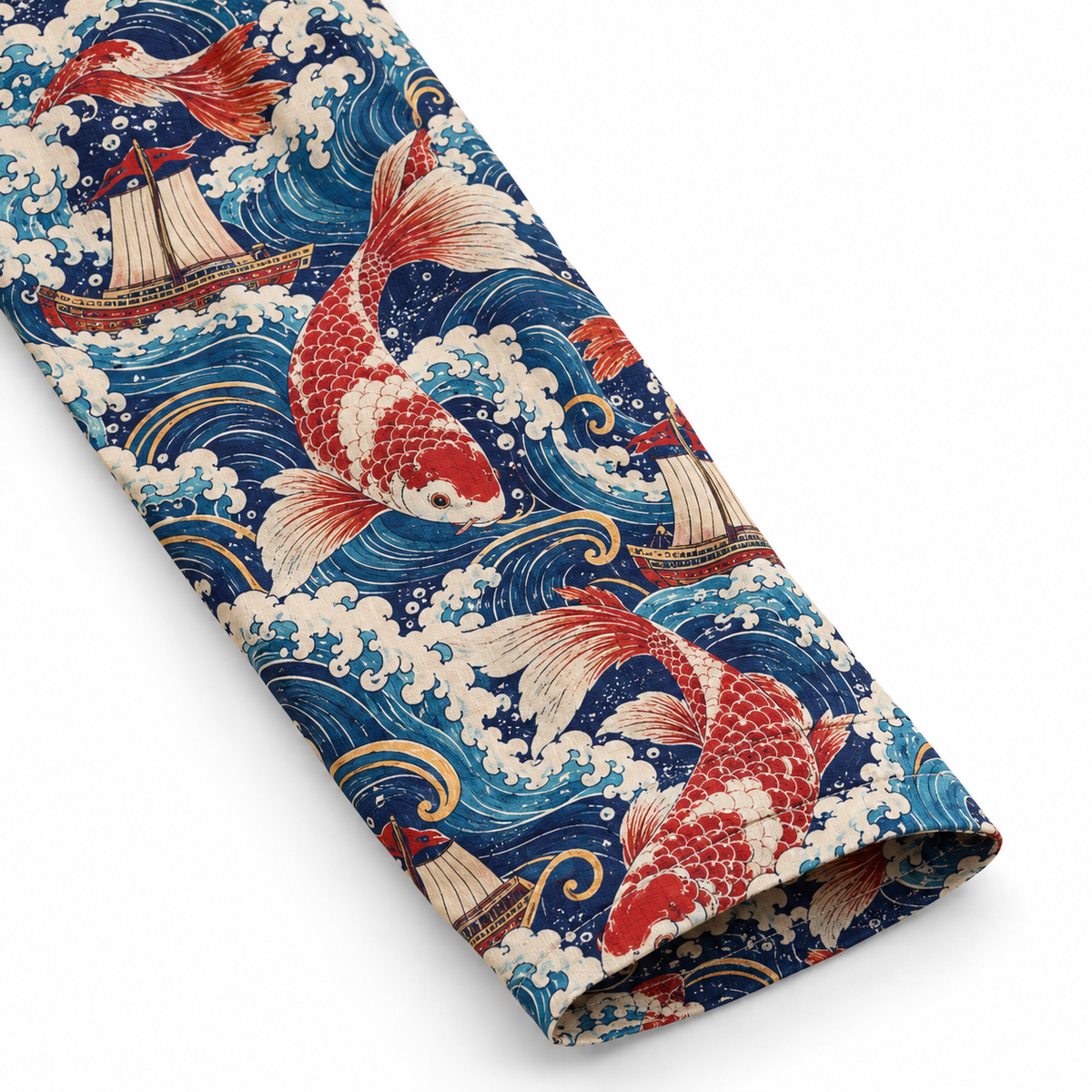 KALVERO Crimson Koi Voyage Long Sleeve Shirt: long sleeve hem and neat stitching.
