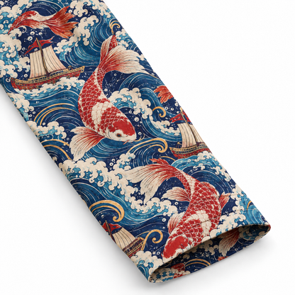 KALVERO Crimson Koi Voyage Long Sleeve Shirt: long sleeve hem and neat stitching.