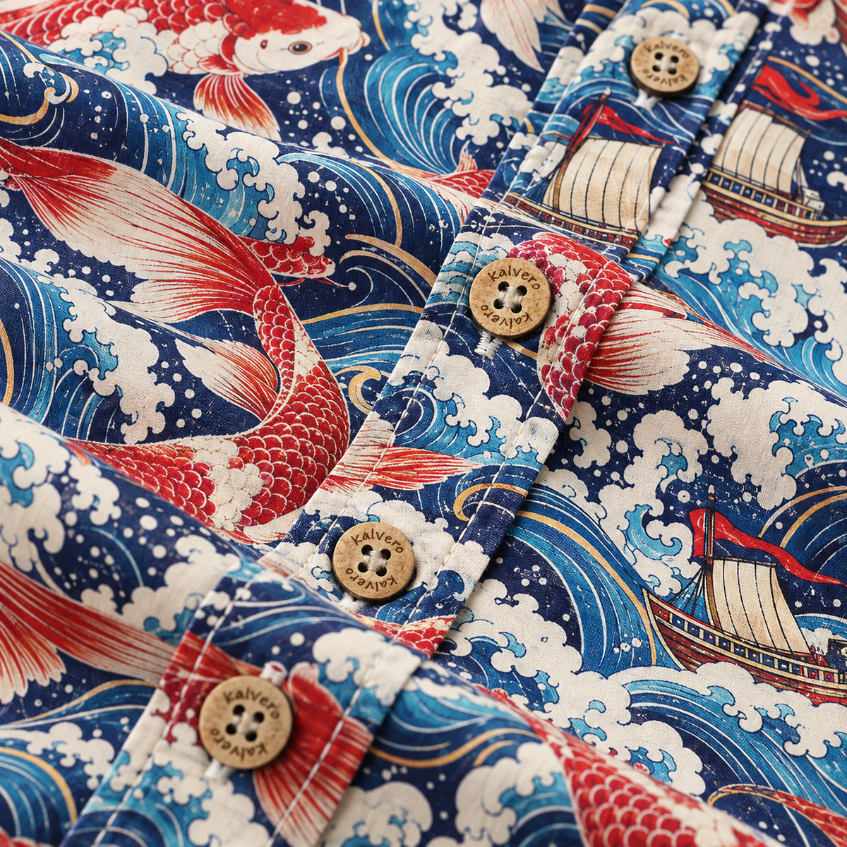 KALVERO Crimson Koi Voyage Long Sleeve Shirt: placket with tan four-hole Kalvero-engraved buttons.