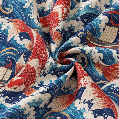 KALVERO Crimson Koi Voyage Long Sleeve Shirt: fabric detail showing red-and-ivory koi fish, foaming ivory and blue ocean waves, fine gold curves and little brown-red sailing boats on deep navy.
