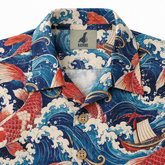 KALVERO Crimson Koi Voyage Hawaiian Shirt: collar and centered neck label.