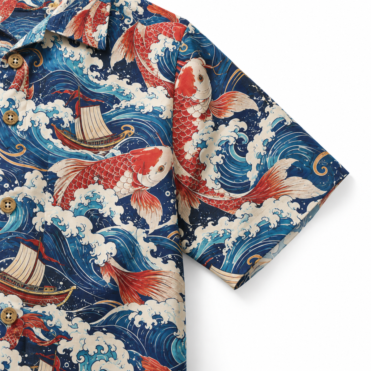 KALVERO Crimson Koi Voyage Hawaiian Shirt: short sleeve hem and neat stitching.