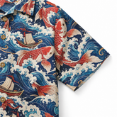 KALVERO Crimson Koi Voyage Hawaiian Shirt: short sleeve hem and neat stitching.