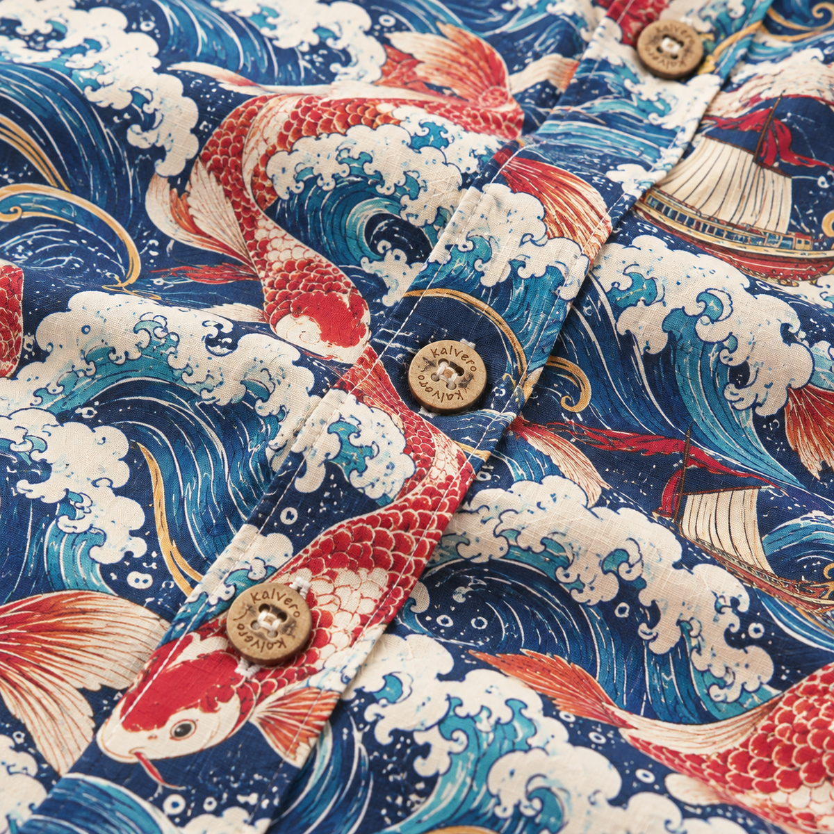 KALVERO Crimson Koi Voyage Hawaiian Shirt: placket with tan four-hole Kalvero-engraved buttons.