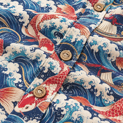 KALVERO Crimson Koi Voyage Hawaiian Shirt: placket with tan four-hole Kalvero-engraved buttons.