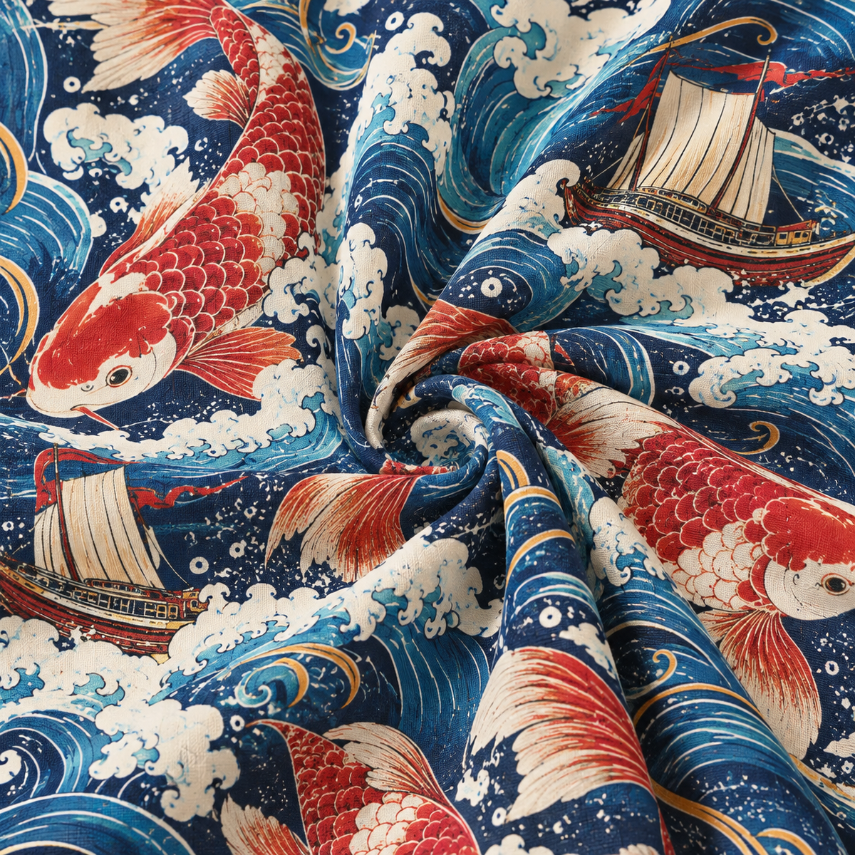 KALVERO Crimson Koi Voyage Hawaiian Shirt: fabric detail showing red-and-ivory koi fish, foaming ivory and blue ocean waves, fine gold curves and little brown-red sailing boats on deep navy.