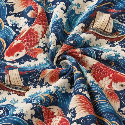 KALVERO Crimson Koi Voyage Hawaiian Shirt: fabric detail showing red-and-ivory koi fish, foaming ivory and blue ocean waves, fine gold curves and little brown-red sailing boats on deep navy.