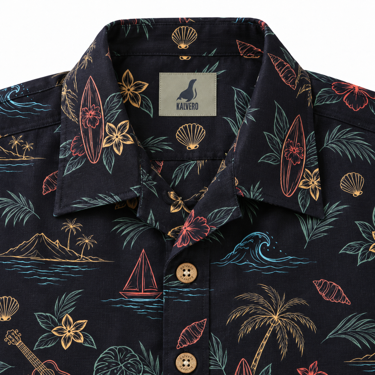 KALVERO Midnight Island Sketch Long Sleeve Shirt: collar and centered neck label.