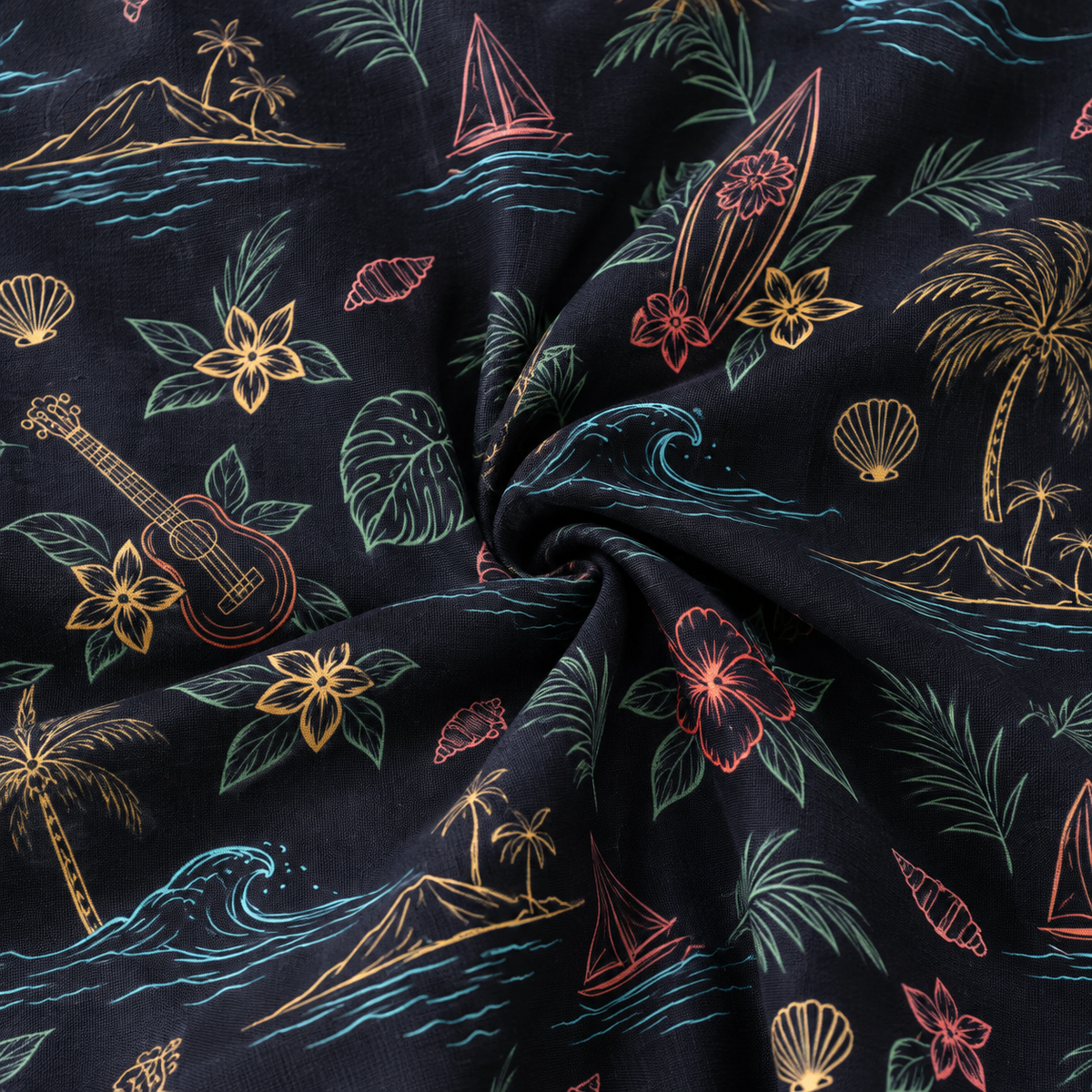 KALVERO Midnight Island Sketch Long Sleeve Shirt: fabric detail showing fine muted coral, ochre, sage-green and turquoise island, palm, hibiscus, surfboard, ukulele, shell and wave outlines on very dark navy.