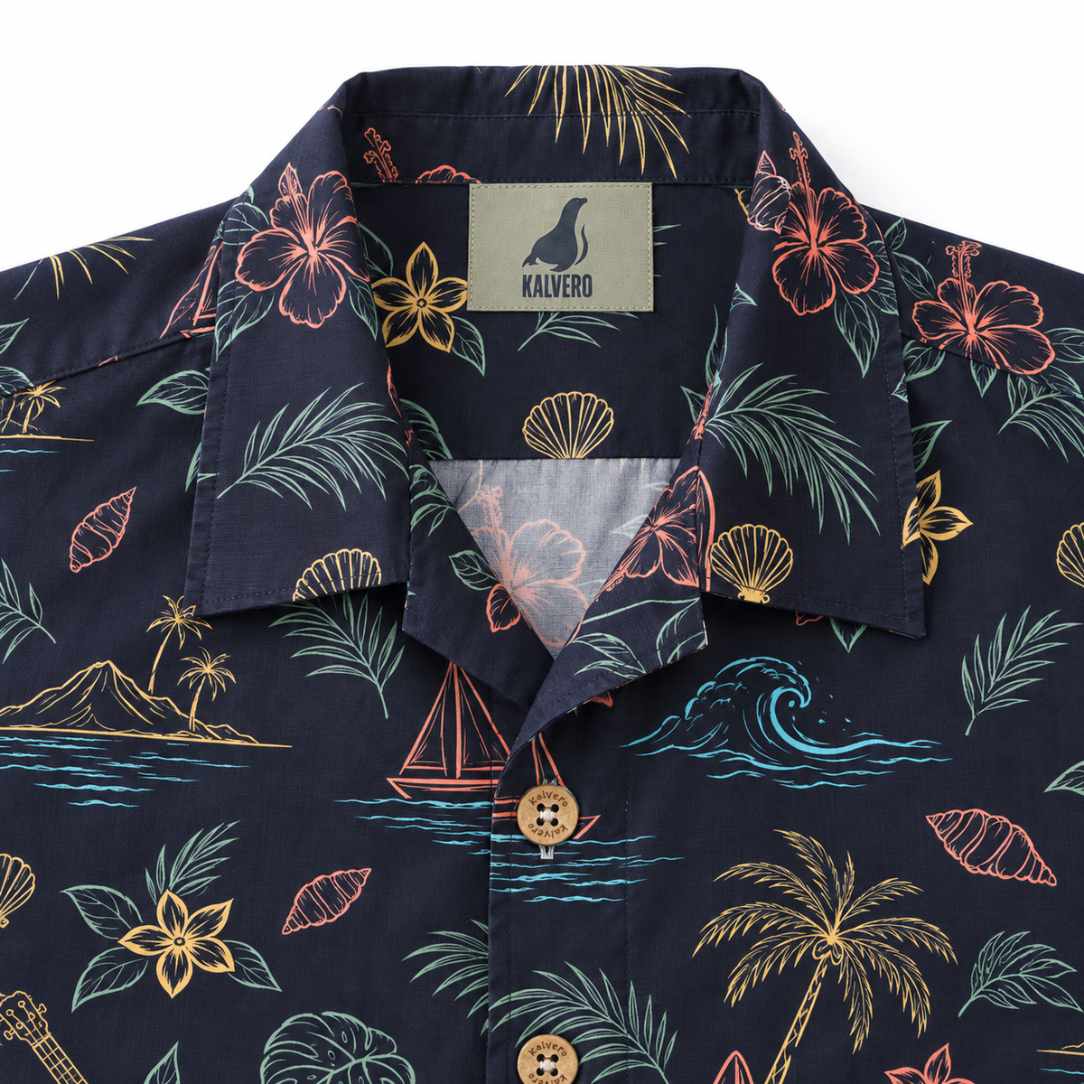 KALVERO Midnight Island Sketch Hawaiian Shirt: collar and centered neck label.