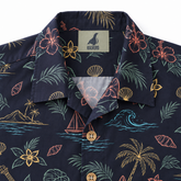 KALVERO Midnight Island Sketch Hawaiian Shirt: collar and centered neck label.