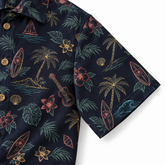 KALVERO Midnight Island Sketch Hawaiian Shirt: short sleeve hem and neat stitching.