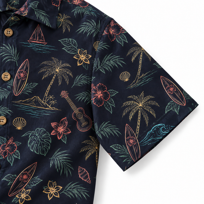 KALVERO Midnight Island Sketch Hawaiian Shirt: short sleeve hem and neat stitching.
