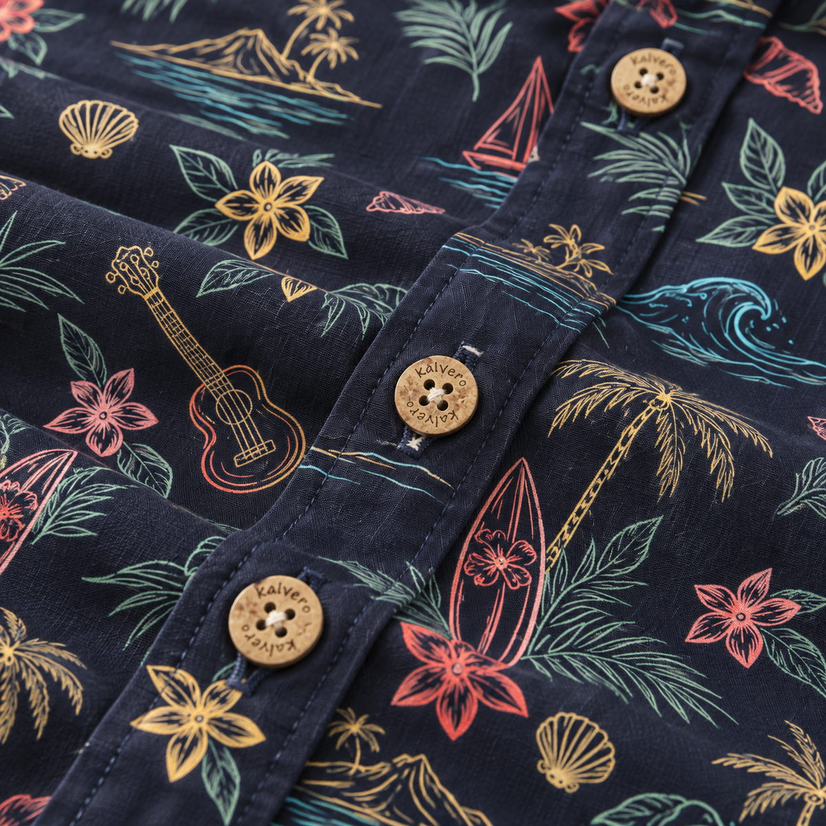 KALVERO Midnight Island Sketch Hawaiian Shirt: placket with tan four-hole Kalvero-engraved buttons.
