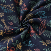 KALVERO Midnight Island Sketch Hawaiian Shirt: fabric detail showing fine muted coral, ochre, sage-green and turquoise island, palm, hibiscus, surfboard, ukulele, shell and wave outlines on dark navy.
