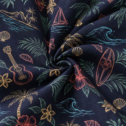 KALVERO Midnight Island Sketch Hawaiian Shirt: fabric detail showing fine muted coral, ochre, sage-green and turquoise island, palm, hibiscus, surfboard, ukulele, shell and wave outlines on dark navy.
