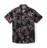 Black shirt with red, blue, and white paisley pattern.