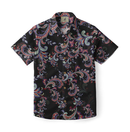 Black shirt with red, blue, and white paisley pattern.