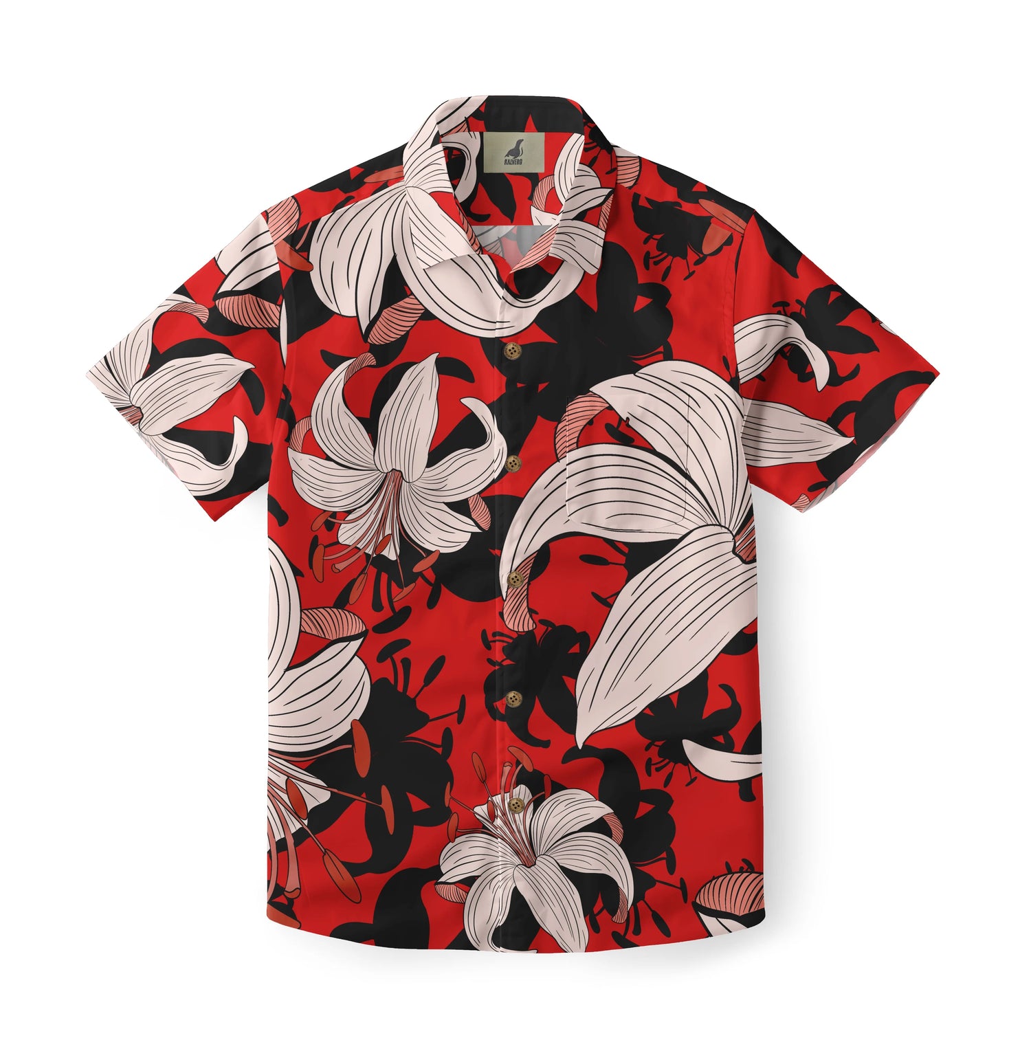 Red Hawaiian shirt with white and black floral pattern, short.