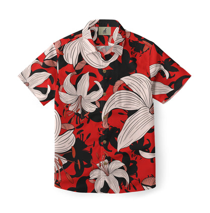 Red Hawaiian shirt with white and black floral pattern, short.